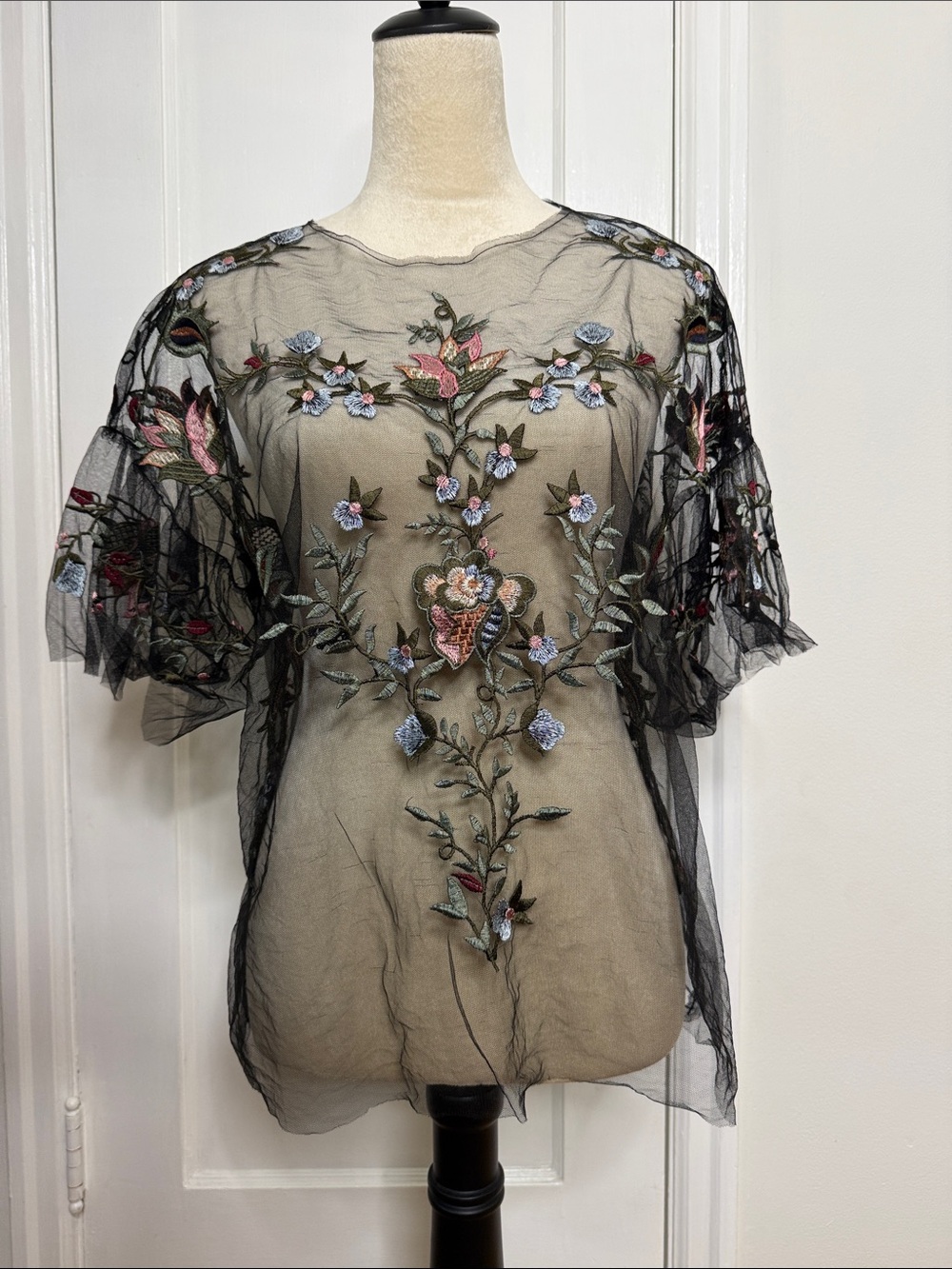 Zara Embroidered Black Sheer Floral Blouse